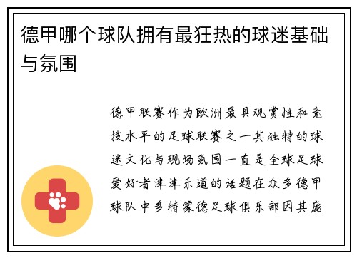 德甲哪个球队拥有最狂热的球迷基础与氛围